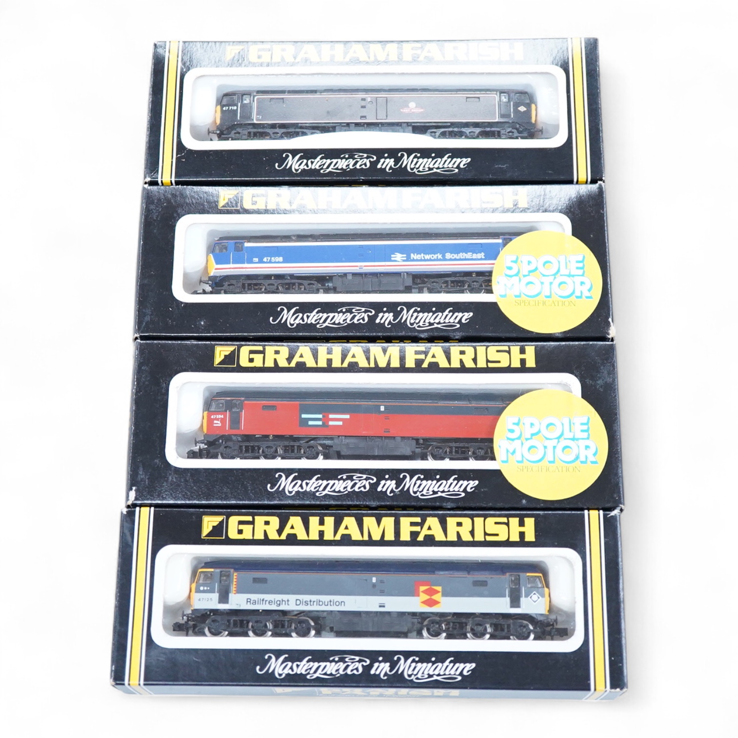 Four boxed Graham Farish N gauge railway Class 47 diesel locomotives; a Waterman Railways Heritage Class, Lady Godiva 47 710 (8022), a Network SouthEast, 47 598 (8024), a Rail Express, 47 594 (8025) and a Railfreight Dis